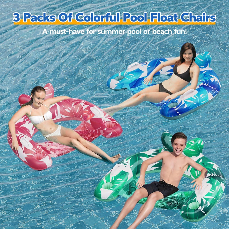 KEUCL Pool Floats, 3 Pack Inflatable Pool Float Chairs with Cupholders & Handles, Pool Floats Adult & Kids Perfect for Pool Lake & Rivers, Pool Toys Party, Relaxing Inflatable Chair for Swimming Pool - Image 2