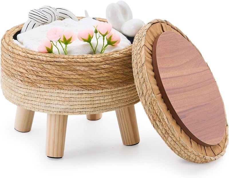Cpintltr Storage Ottoman Poufs Handwoven Footstool Natural Seagrass Round Footrest Stool with 4 Wood Legs Soft Padded Outdoor Seat for Hallway Lounge Bedroom Garden - Image 1