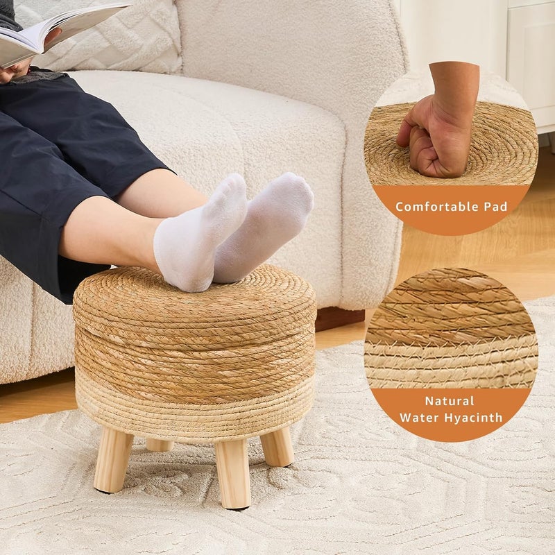 Cpintltr Storage Ottoman Poufs Handwoven Footstool Natural Seagrass Round Footrest Stool with 4 Wood Legs Soft Padded Outdoor Seat for Hallway Lounge Bedroom Garden - Image 4