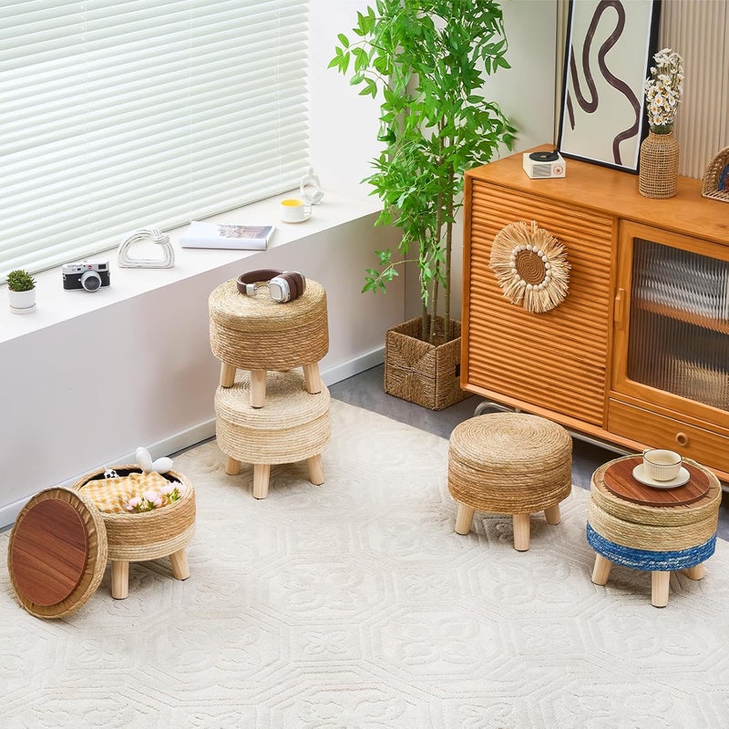 Cpintltr Storage Ottoman Poufs Handwoven Footstool Natural Seagrass Round Footrest Stool with 4 Wood Legs Soft Padded Outdoor Seat for Hallway Lounge Bedroom Garden - Image 2