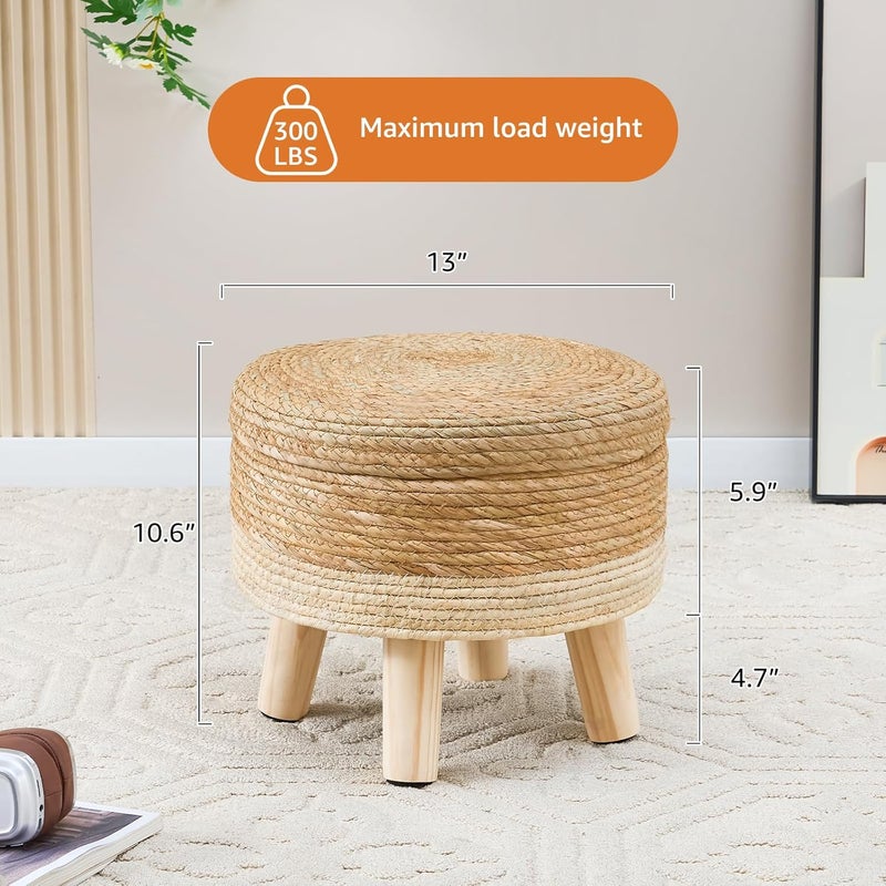 Cpintltr Storage Ottoman Poufs Handwoven Footstool Natural Seagrass Round Footrest Stool with 4 Wood Legs Soft Padded Outdoor Seat for Hallway Lounge Bedroom Garden - Image 3