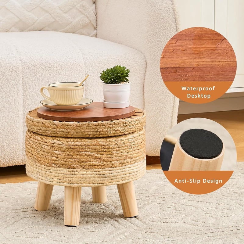 Cpintltr Storage Ottoman Poufs Handwoven Footstool Natural Seagrass Round Footrest Stool with 4 Wood Legs Soft Padded Outdoor Seat for Hallway Lounge Bedroom Garden - Image 5