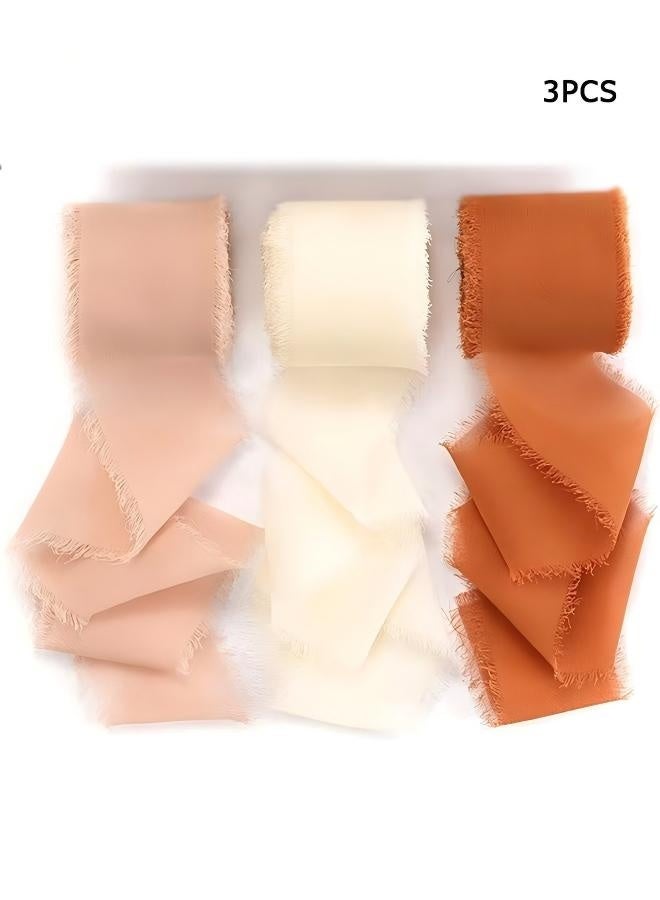 JUMEI Handmade Tassel Chiffon Ribbon - 3 Rolls of 4cm x 5m Silk Ribbon Bean Paste Series Ribbon Set for Wedding Invitations/Bridal Bouquets/Gift Wrapping/DIY Crafts - Image 1