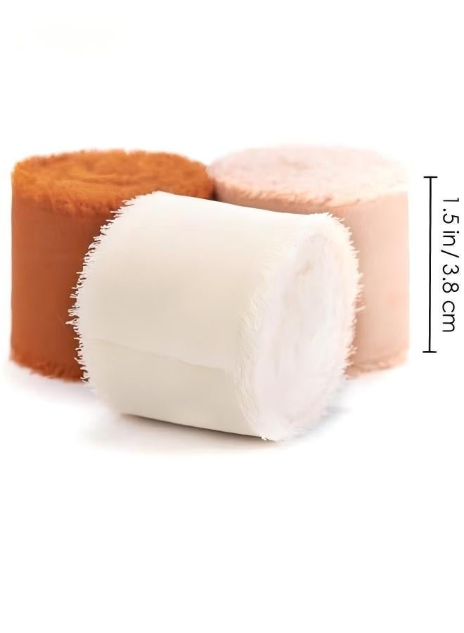 JUMEI Handmade Tassel Chiffon Ribbon - 3 Rolls of 4cm x 5m Silk Ribbon Bean Paste Series Ribbon Set for Wedding Invitations/Bridal Bouquets/Gift Wrapping/DIY Crafts - Image 2