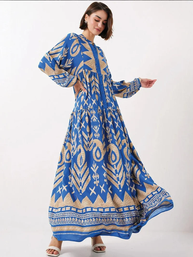 بيغ دارت فستان ماكسي مطبوع بياقة على شكل حرف  وأزرار