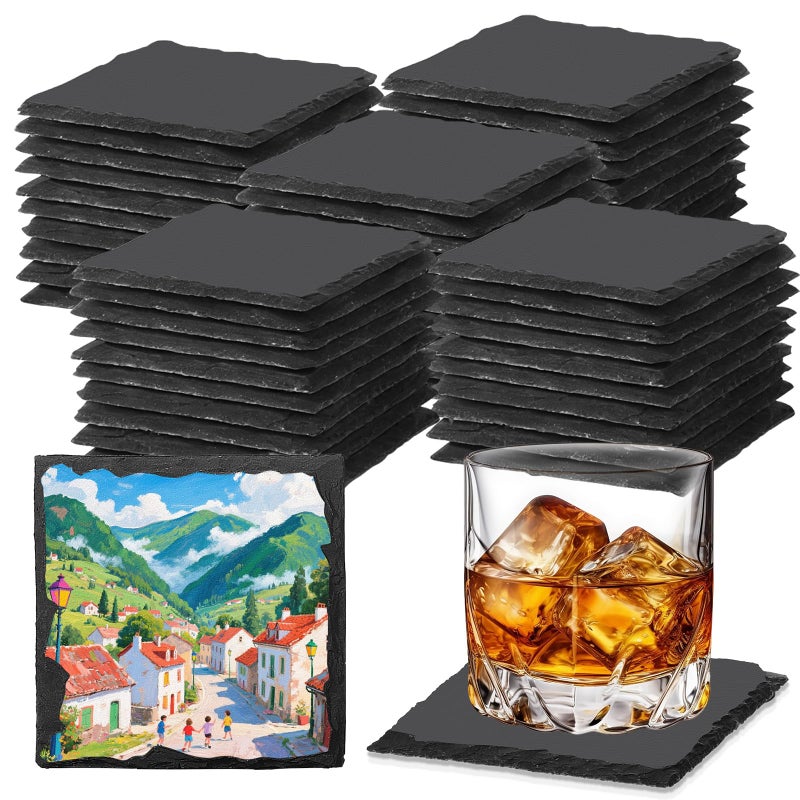 DASSNANE 60 PCS Slate Coasters Black Square 4 Inch Bulk Rock, Blank Laser Engraving, Scratch Resistant Bottom, Home Office Kitchen Gift Wedding Bar Party Square Coasters - Image 1