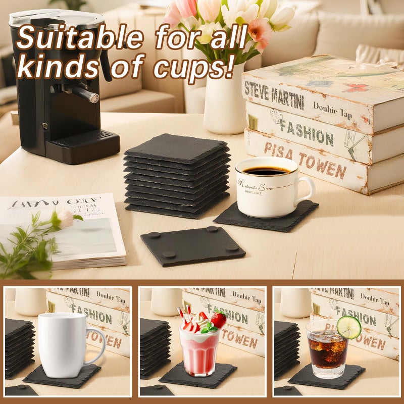 DASSNANE 60 PCS Slate Coasters Black Square 4 Inch Bulk Rock, Blank Laser Engraving, Scratch Resistant Bottom, Home Office Kitchen Gift Wedding Bar Party Square Coasters - Image 5