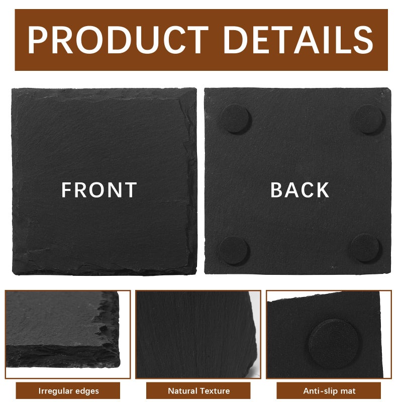 DASSNANE 60 PCS Slate Coasters Black Square 4 Inch Bulk Rock, Blank Laser Engraving, Scratch Resistant Bottom, Home Office Kitchen Gift Wedding Bar Party Square Coasters - Image 3