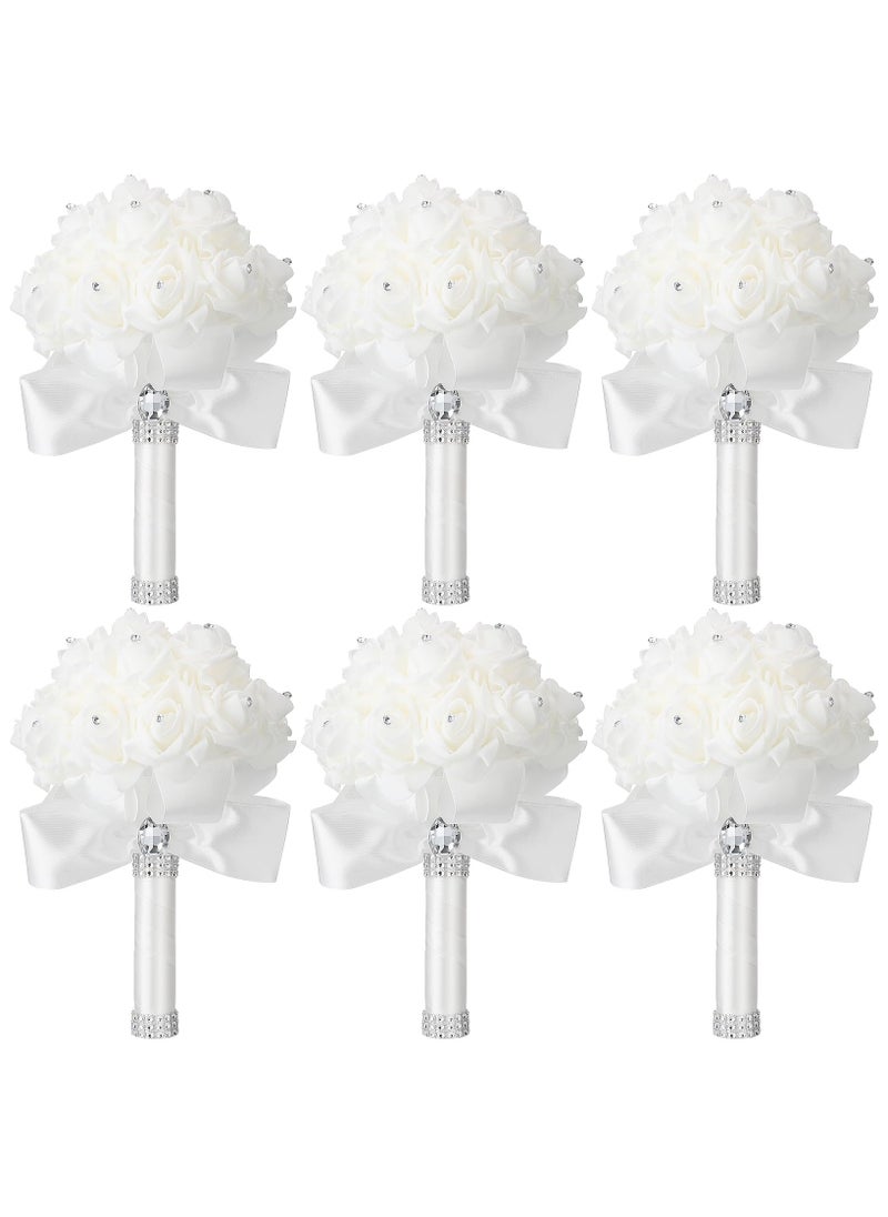 SYOSI 6 Pack Wedding Bouquets, for Bride Roses Bridesmaid Bouquet, Bridal Bouquet Flowers, Wedding Hand Holding Bouquet with Diamond Soft Ribbons for Engagement Bridal Shower Church Party (White)  - Image 1