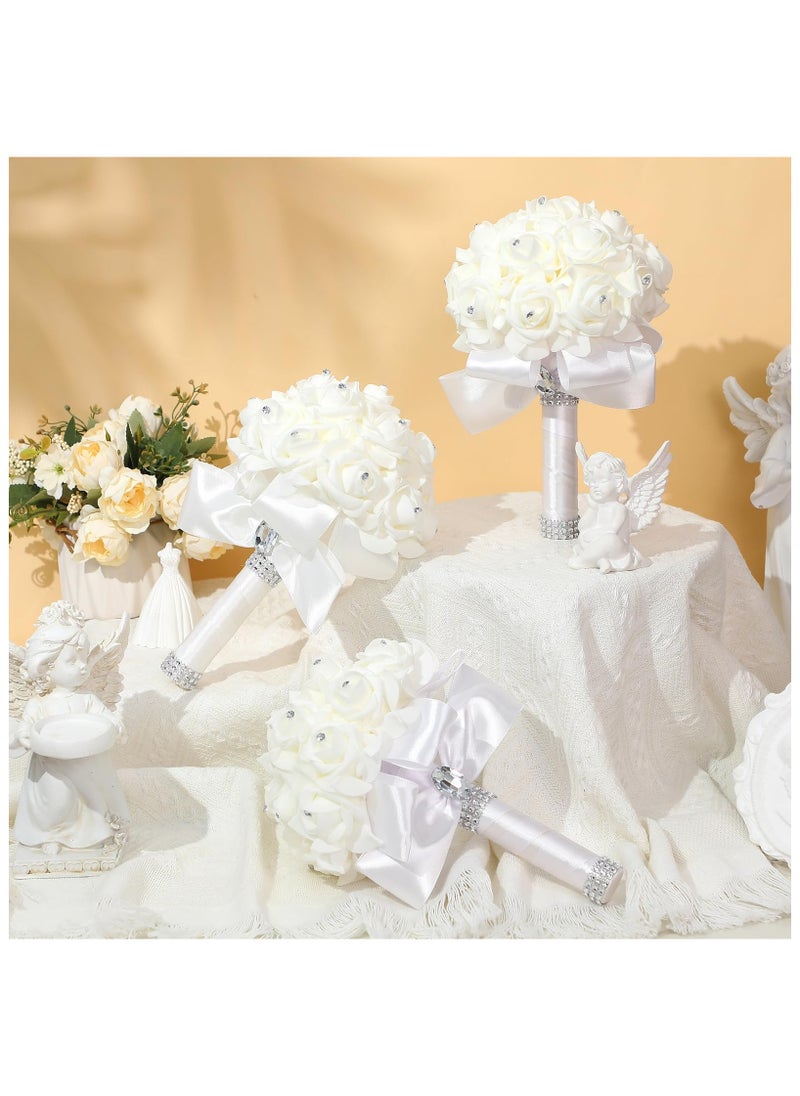 SYOSI 6 Pack Wedding Bouquets, for Bride Roses Bridesmaid Bouquet, Bridal Bouquet Flowers, Wedding Hand Holding Bouquet with Diamond Soft Ribbons for Engagement Bridal Shower Church Party (White)  - Image 2