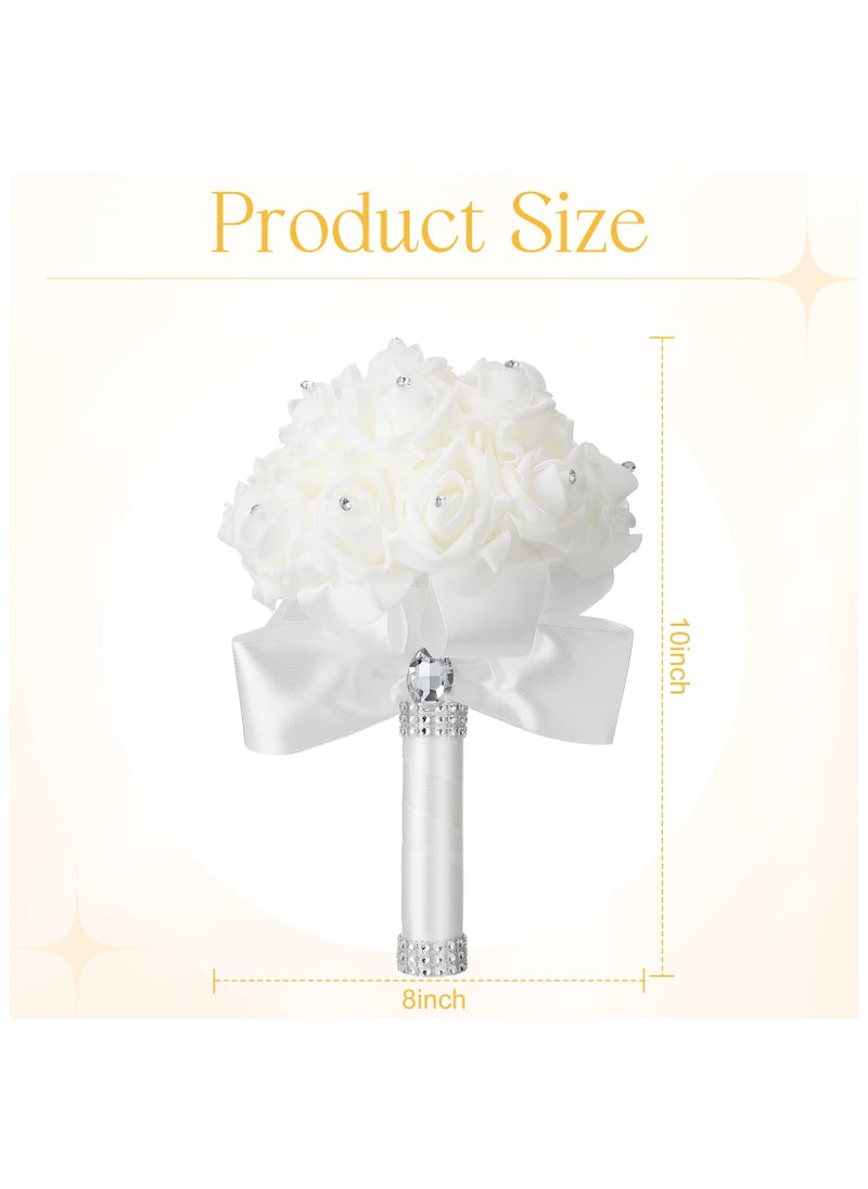 SYOSI 6 Pack Wedding Bouquets, for Bride Roses Bridesmaid Bouquet, Bridal Bouquet Flowers, Wedding Hand Holding Bouquet with Diamond Soft Ribbons for Engagement Bridal Shower Church Party (White)  - Image 3