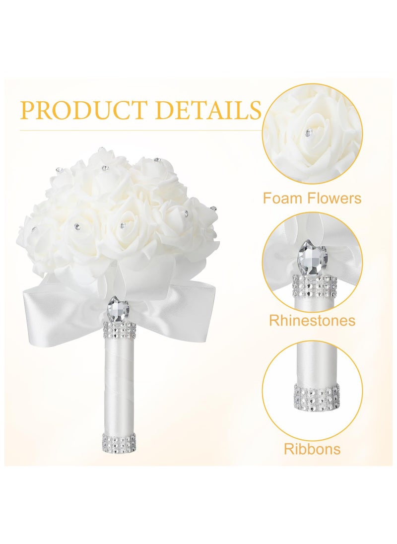 SYOSI 6 Pack Wedding Bouquets, for Bride Roses Bridesmaid Bouquet, Bridal Bouquet Flowers, Wedding Hand Holding Bouquet with Diamond Soft Ribbons for Engagement Bridal Shower Church Party (White)  - Image 4