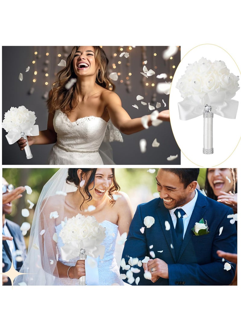 SYOSI 6 Pack Wedding Bouquets, for Bride Roses Bridesmaid Bouquet, Bridal Bouquet Flowers, Wedding Hand Holding Bouquet with Diamond Soft Ribbons for Engagement Bridal Shower Church Party (White)  - Image 5