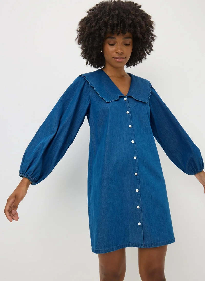 Matalan Denim Midwash Scalloped Collar Mini Dress
