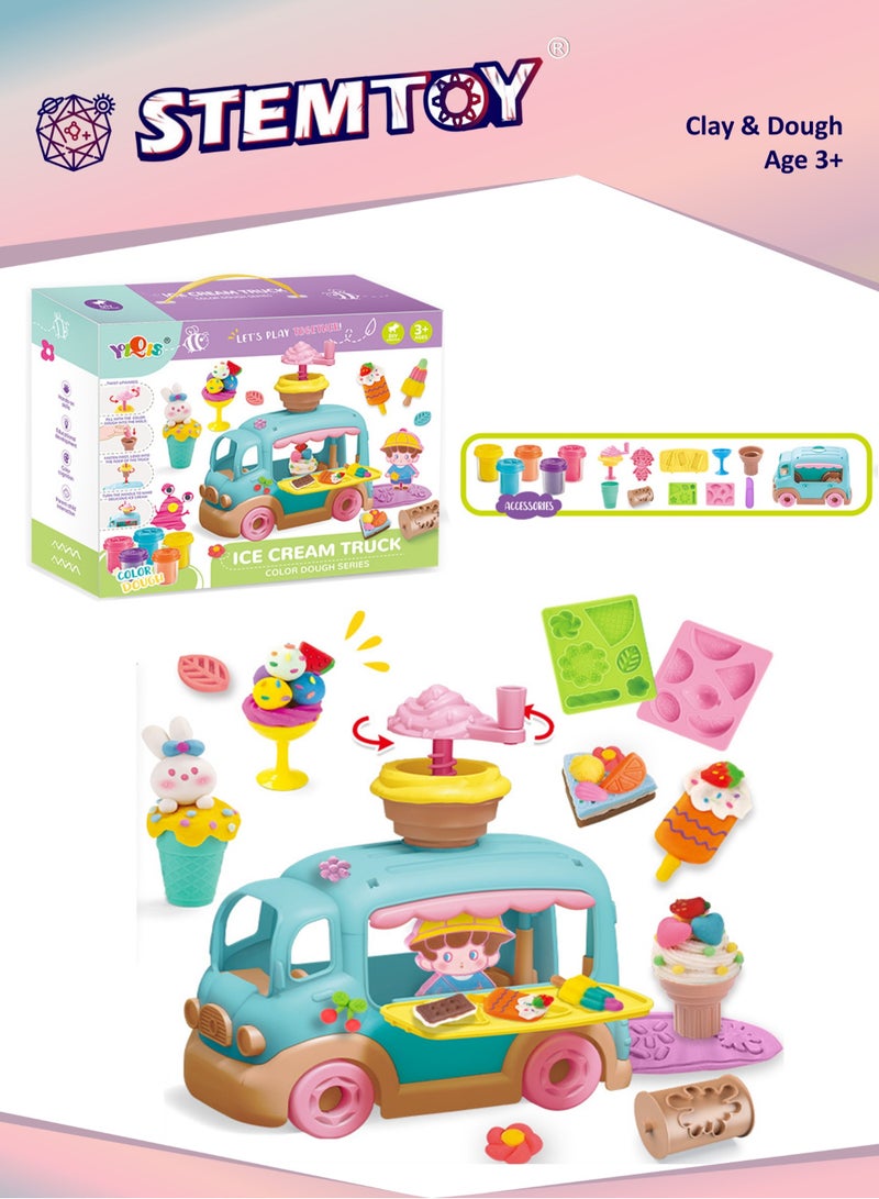 STEMTOY DIY Playdough Set Play Dough Tools Ice Cream Truck Play Set Play with 16 Pcs Accessories, 5 Colors Clay, Ice Cream Machine & Molds, Pretend Ice Cream Stand Shop Role-Playing Pretend Play Toy for Kids Girls Boys Ages 3+ Family Party Birthday - Image 1