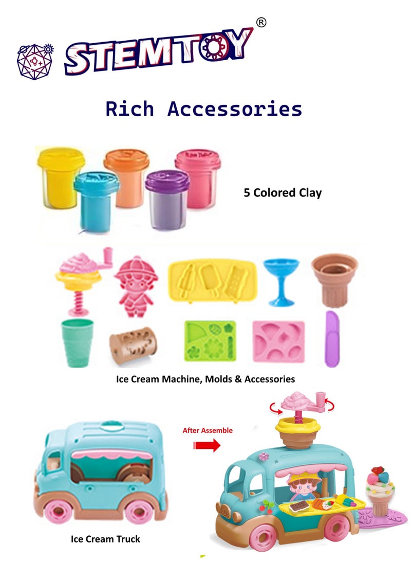 STEMTOY DIY Playdough Set Play Dough Tools Ice Cream Truck Play Set Play with 16 Pcs Accessories, 5 Colors Clay, Ice Cream Machine & Molds, Pretend Ice Cream Stand Shop Role-Playing Pretend Play Toy for Kids Girls Boys Ages 3+ Family Party Birthday - Image 2