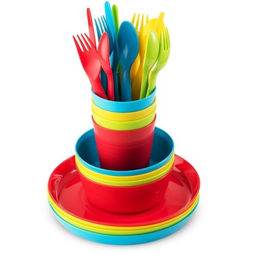 PLASKIDY Plaskidy Kids Dinnerware Set for 424 Piece Plastic Childrens Dishes Dinnerware Sets MicrowaveDishwasher Safe BPA Free  Toddler Dinner Set Includes Kids Plates and Bowls Kids Cups Flatware Set 