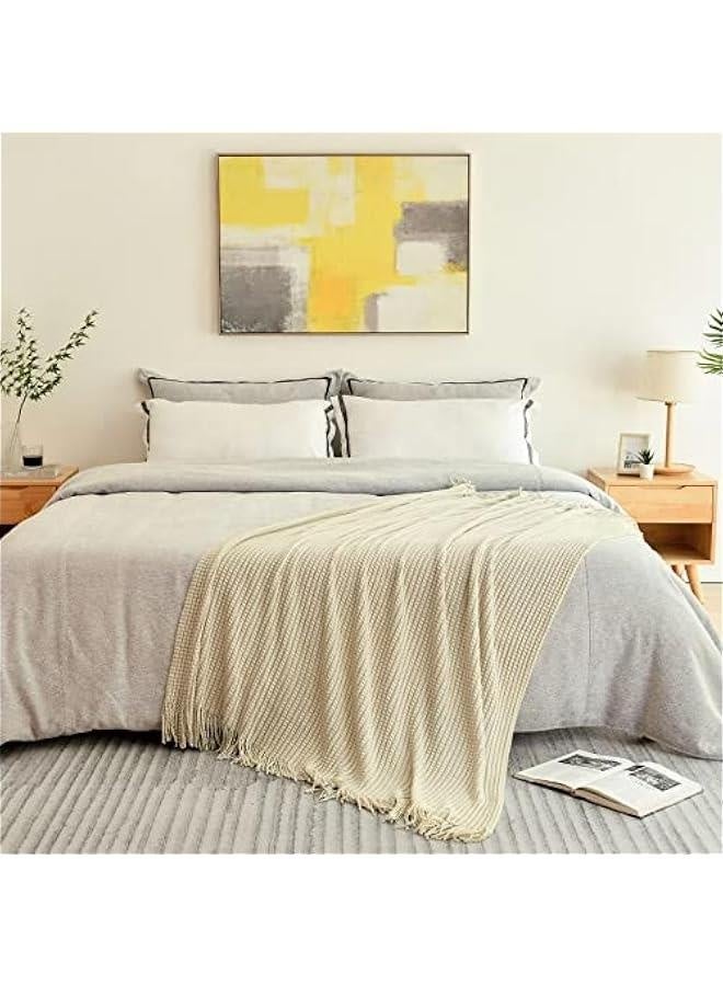 بطانية محبوكة للكنبة، بطانية خريفية ناعمة بنمط بوهيمي مع خيوط، خفيفة للديكور المنزلي، بطانيات بلون البيج للسرير/الكرسي/الكنبة، 50 بوصة عرض × 60 بوصة طول - Image 2