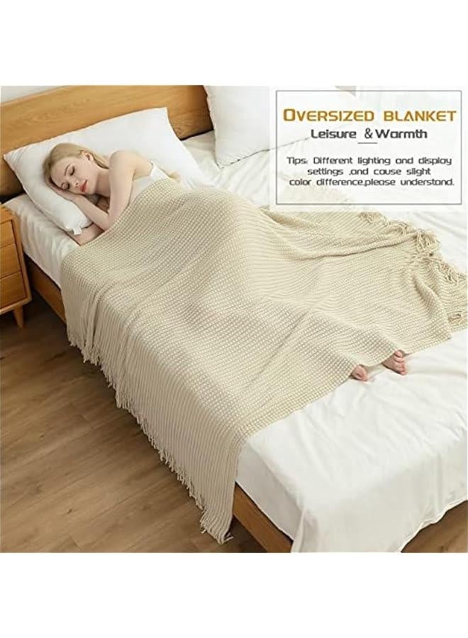 بطانية محبوكة للكنبة، بطانية خريفية ناعمة بنمط بوهيمي مع خيوط، خفيفة للديكور المنزلي، بطانيات بلون البيج للسرير/الكرسي/الكنبة، 50 بوصة عرض × 60 بوصة طول - Image 4