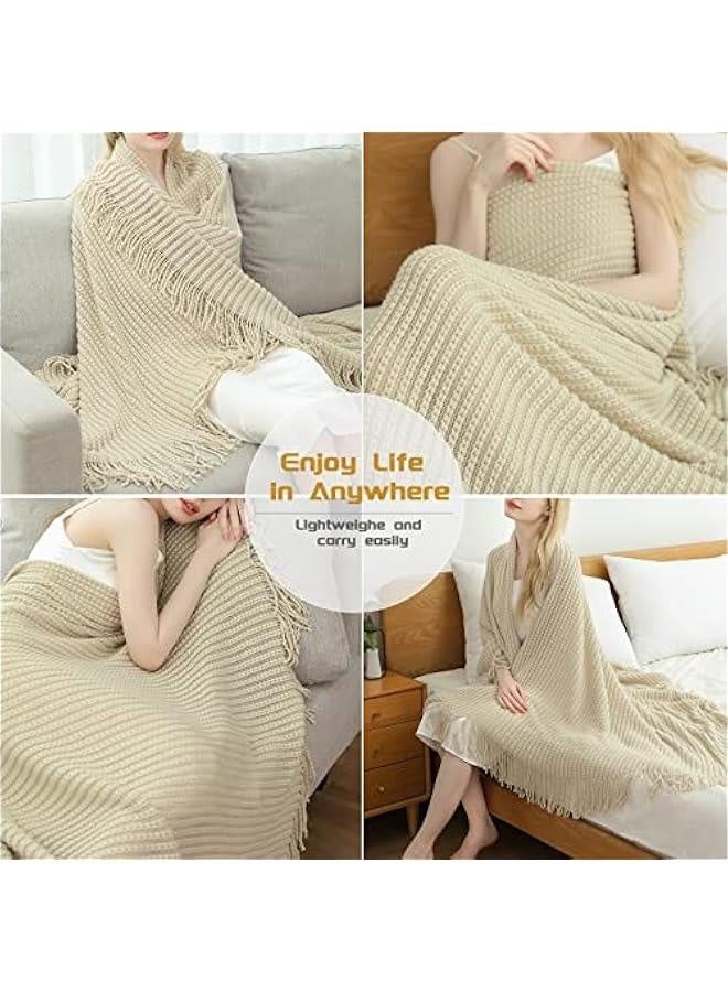 بطانية محبوكة للكنبة، بطانية خريفية ناعمة بنمط بوهيمي مع خيوط، خفيفة للديكور المنزلي، بطانيات بلون البيج للسرير/الكرسي/الكنبة، 50 بوصة عرض × 60 بوصة طول - Image 5