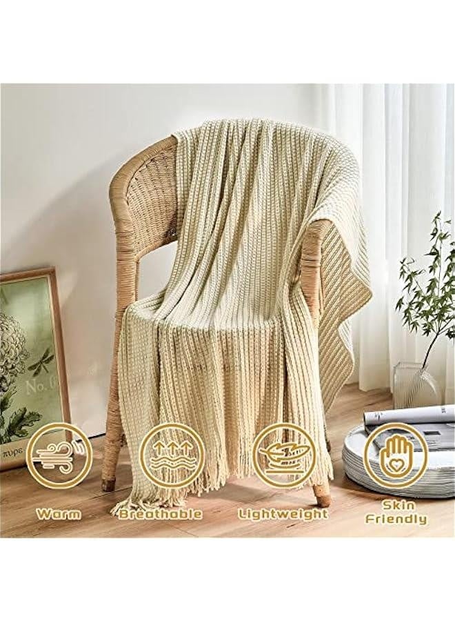 بطانية محبوكة للكنبة، بطانية خريفية ناعمة بنمط بوهيمي مع خيوط، خفيفة للديكور المنزلي، بطانيات بلون البيج للسرير/الكرسي/الكنبة، 50 بوصة عرض × 60 بوصة طول - Image 3