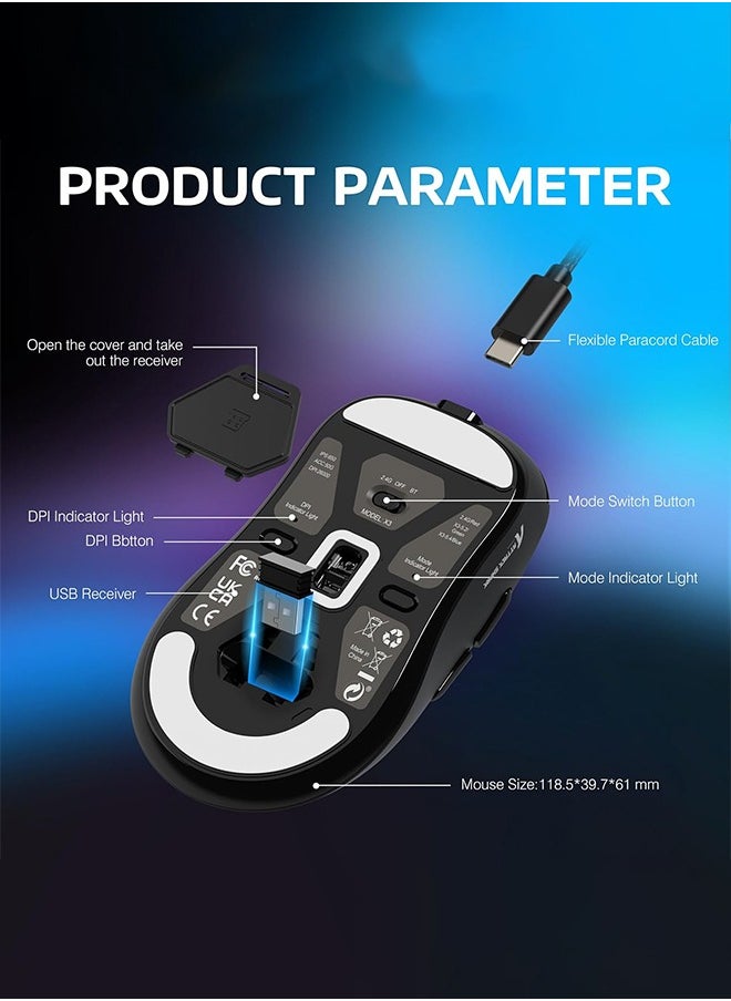 Attack Shark - X3 Lightweight Wireless Gaming Mouse with Tri-Mode 2.4G/USB-C Wired/Bluetooth,Up to 26K DPI, PAW3395 Optical Sensor,Kailh GM8.0 Switch,5 programmable Buttons for PC/Win/Mac(Black) - Image 1