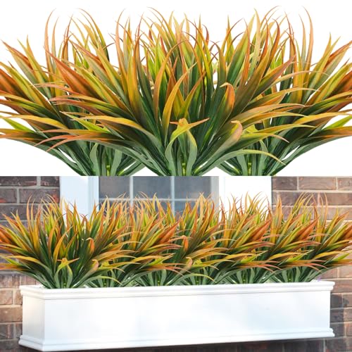 Phliofd 16Pcs Artificial Grass Fake Plants 173in Outdoor Plastic Plants UV Resistant Greenery Fake Grass for Home Window Garden Office Patio Hanging Planter Pathway Front Porch Dcor Orange Yellow - Image 1