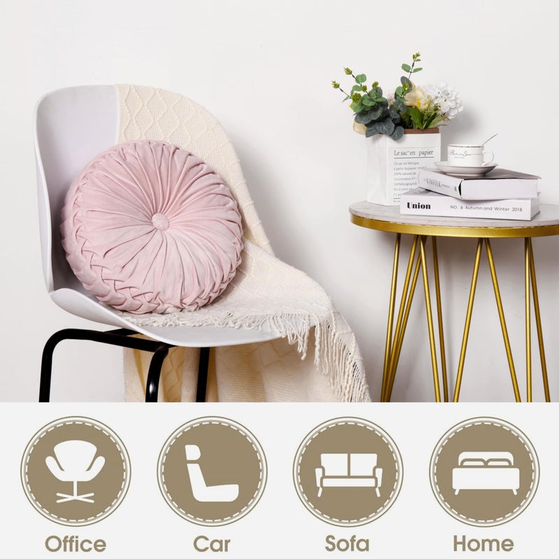 Hi -G HIG Set of 2 Pink Ruched Velvet Round Throw Pillows â€“ 14.5â€™â€™ Decorative Pillows with Soft Polyester Filling for Couch, Bed, Living Room, Bedroom, or Dorm â€“ Handmade, Stress Relieving, All-Season - Image 2