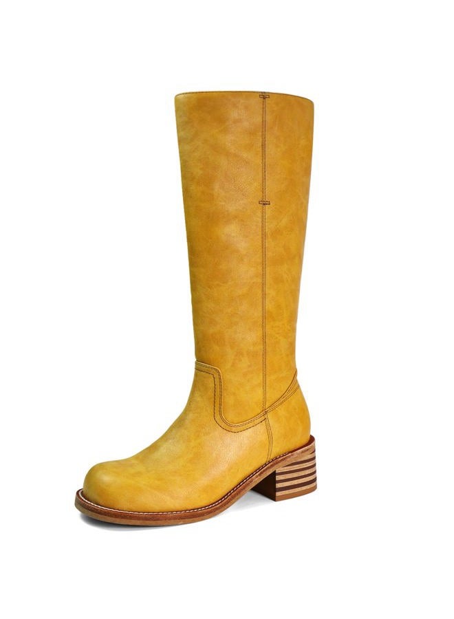 VBDB Women's Knee High Boots Square Toe Chunky Block Heel Long Boots for Women Comfortable Low Heel Womens Boots, Banana-yellow, 5.5 - Image 1