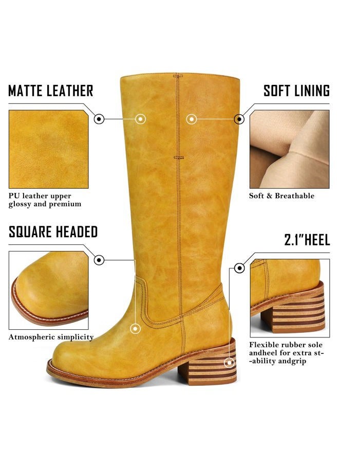 VBDB Women's Knee High Boots Square Toe Chunky Block Heel Long Boots for Women Comfortable Low Heel Womens Boots, Banana-yellow, 5.5 - Image 3