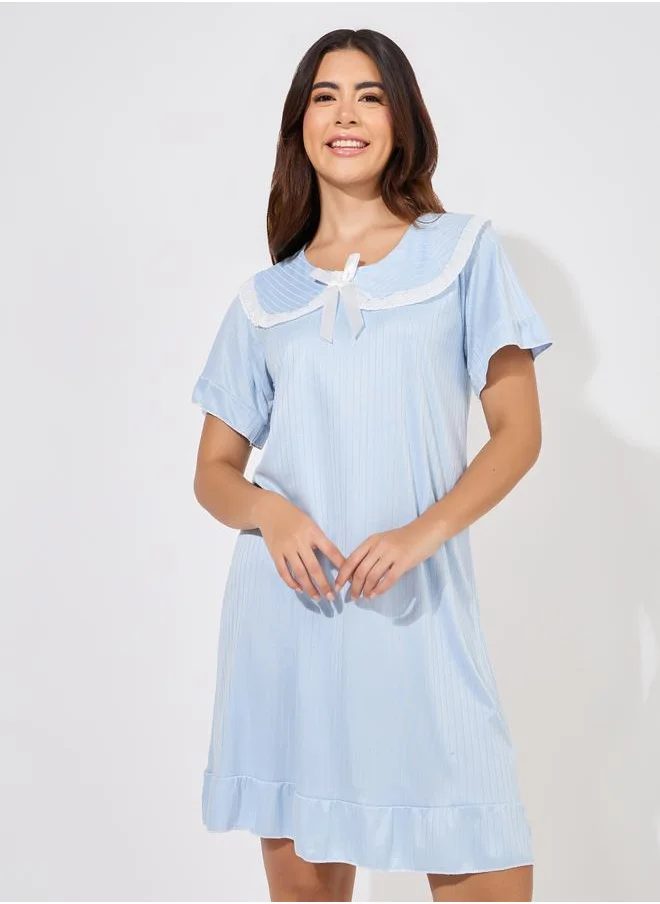 Styli Lace Trim Bow Detail Collared Nightdress