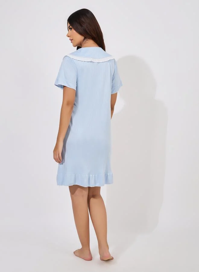 Take Two Lace Trim Bow Detail Collared Nightdress