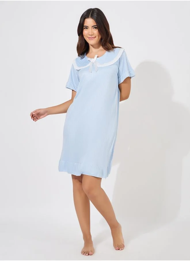 Styli Lace Trim Bow Detail Collared Nightdress