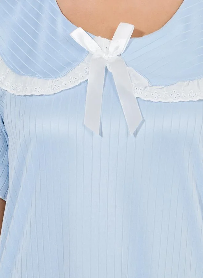 Take Two Lace Trim Bow Detail Collared Nightdress