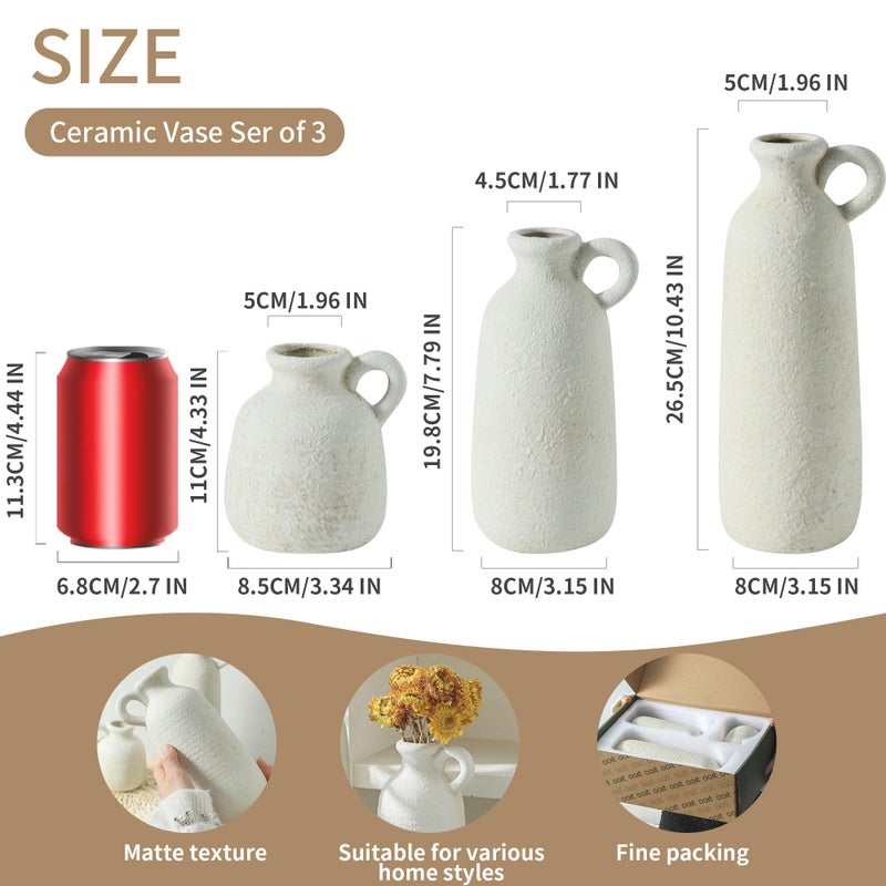 ooit Ceramic Vase Set of 3 with Handle, Neutral Rustic Vases Home Decor Farmhouse Decorative Vase Whitewashed Pottery Decor Modern for Table Mantel Entryway Bookshelf Living Room Kitchen Bedroom - White - Image 2