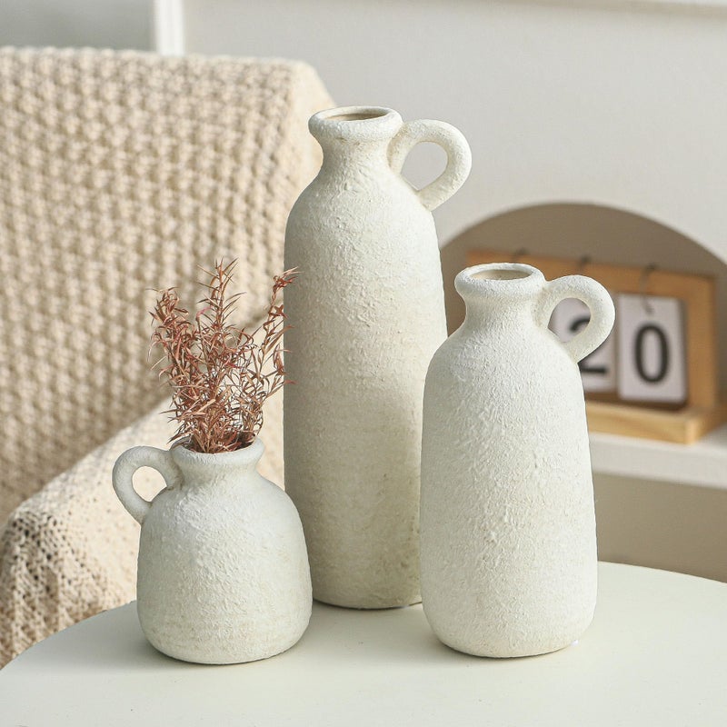 ooit Ceramic Vase Set of 3 with Handle, Neutral Rustic Vases Home Decor Farmhouse Decorative Vase Whitewashed Pottery Decor Modern for Table Mantel Entryway Bookshelf Living Room Kitchen Bedroom - White - Image 4