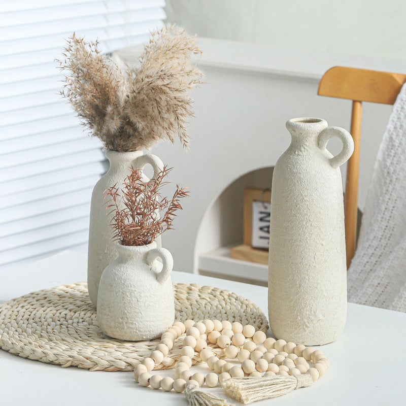 ooit Ceramic Vase Set of 3 with Handle, Neutral Rustic Vases Home Decor Farmhouse Decorative Vase Whitewashed Pottery Decor Modern for Table Mantel Entryway Bookshelf Living Room Kitchen Bedroom - White - Image 5