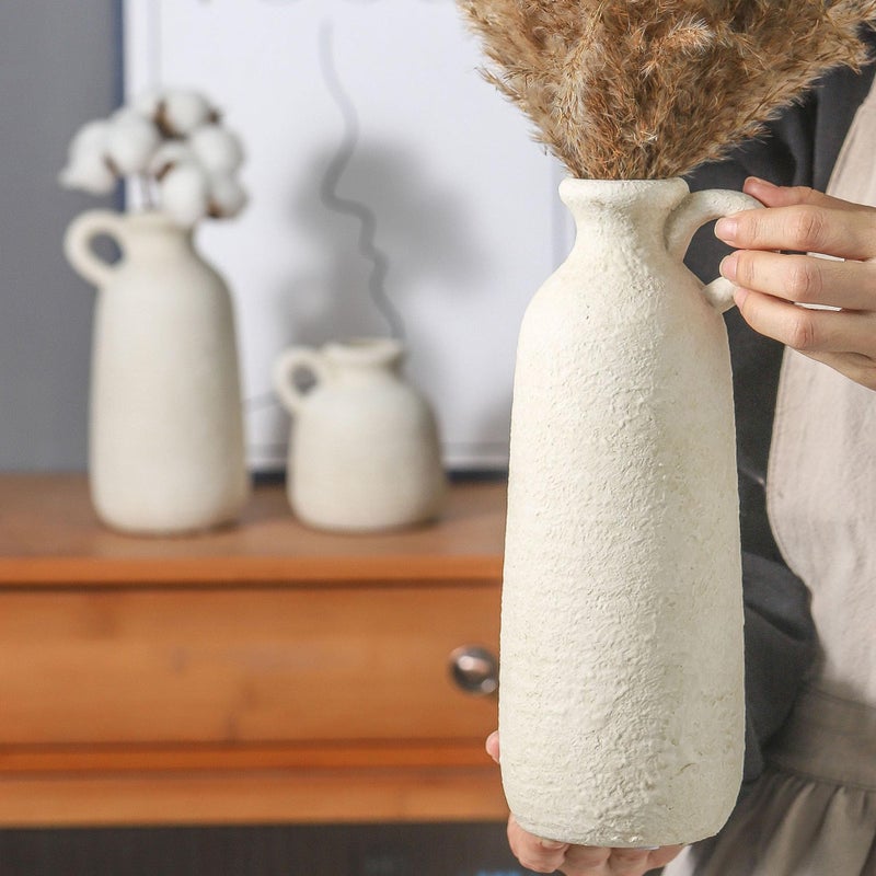 ooit Ceramic Vase Set of 3 with Handle, Neutral Rustic Vases Home Decor Farmhouse Decorative Vase Whitewashed Pottery Decor Modern for Table Mantel Entryway Bookshelf Living Room Kitchen Bedroom - White - Image 3