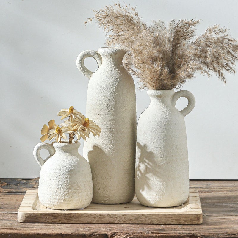 ooit Ceramic Vase Set of 3 with Handle, Neutral Rustic Vases Home Decor Farmhouse Decorative Vase Whitewashed Pottery Decor Modern for Table Mantel Entryway Bookshelf Living Room Kitchen Bedroom - White - Image 1