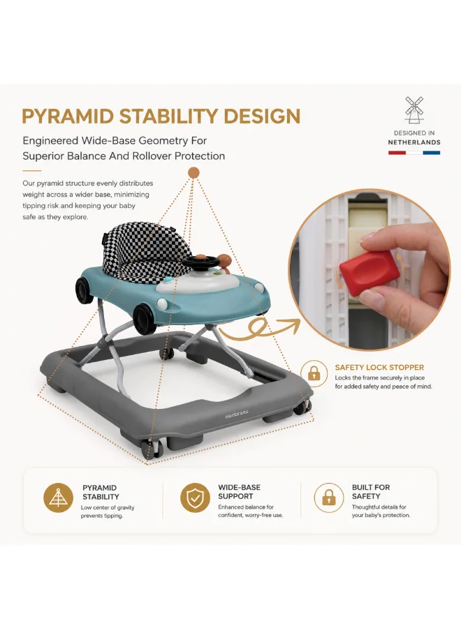 نيوبريز Neobreez NAVIX 3-in-1 Baby Walker, Music & Lights, Anti-Fall Protection, 6 Months+ -Blue/Grey