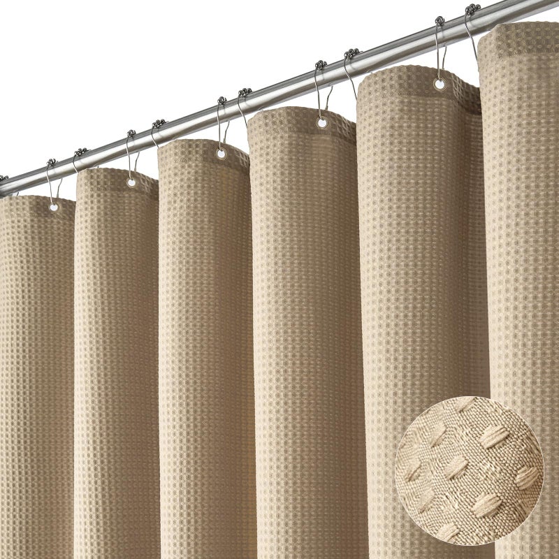 Dynamene Long Fabric Shower Curtain 78 inch Waffle Weave Heavy Duty Cloth Shower Curtains for Bathroom Neutral Weighted Hotel Spa Luxury Bath Curtain Set with 12 Plastic Hooks72x78 BeigeKhaki - Image 2