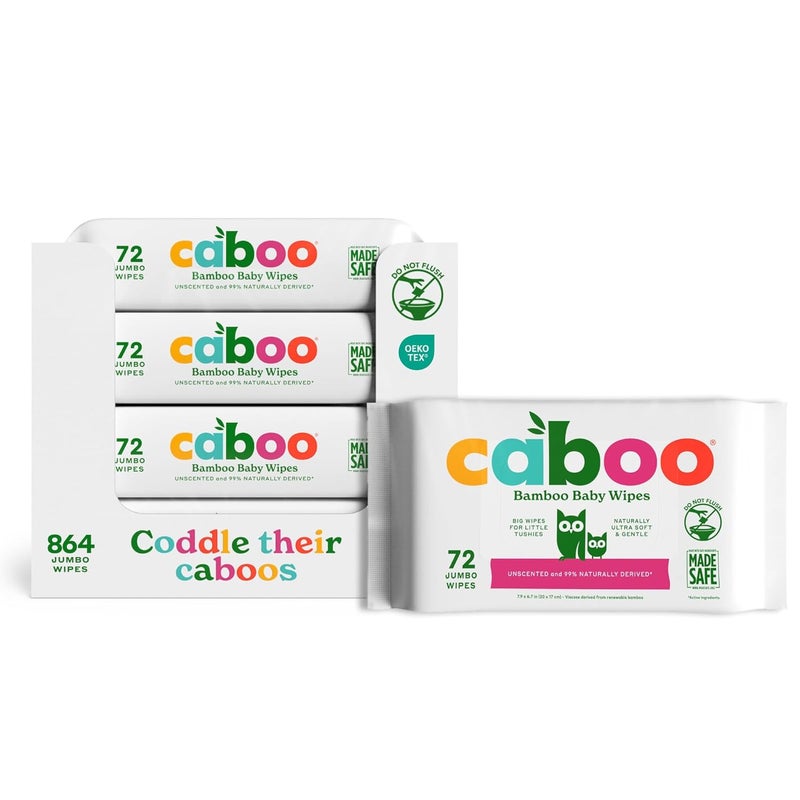 CABOO Baby Wipes, Made with Bamboo Viscose, Certified Made Safe Ingredients, Unscented Baby Wipes Good for Sensitive Skin, 72 Wipes Per Travel Pack, Bulk Total of 864 Wet Wipes - Image 1