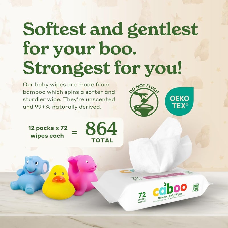 CABOO Baby Wipes, Made with Bamboo Viscose, Certified Made Safe Ingredients, Unscented Baby Wipes Good for Sensitive Skin, 72 Wipes Per Travel Pack, Bulk Total of 864 Wet Wipes - Image 2