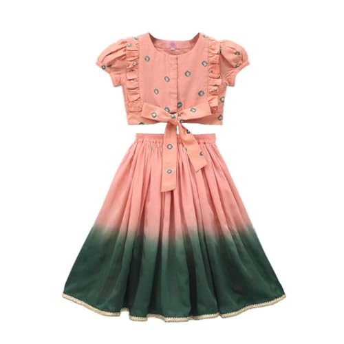 GORLYA Rayon Girl's Readymade Lehenga Choli Set (LC-AR-1001_Green-Peach_5 6 Years) - Image 1