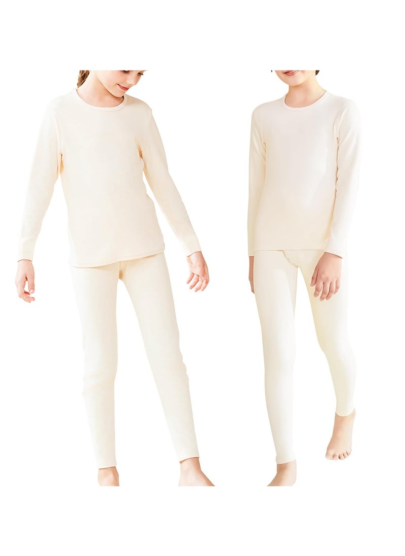 Yakiter Children's Thermal Underwear, Yakiter Lightweight Ultra Soft Fleece Interior, Thermal Underwear Set for Boys and Girls for 4-16 Years Kids（off-white）  - Image 1