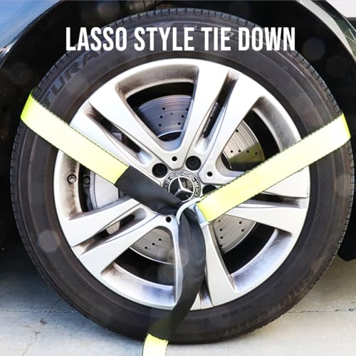 Boxer 4-Pack Car Tie Down with Snap Hook - Lasso Style – 2 inch x 10 Feet – Yellow Strap with Black Trim - Car Trailer Tie Down - Image 3