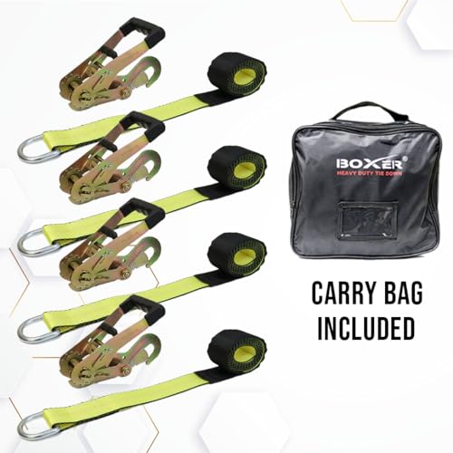 Boxer 4-Pack Car Tie Down with Snap Hook - Lasso Style – 2 inch x 10 Feet – Yellow Strap with Black Trim - Car Trailer Tie Down - Image 2