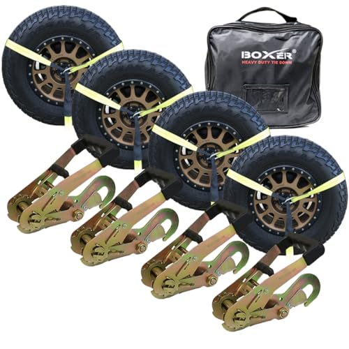 Boxer 4-Pack Car Tie Down with Snap Hook - Lasso Style – 2 inch x 10 Feet – Yellow Strap with Black Trim - Car Trailer Tie Down - Image 1