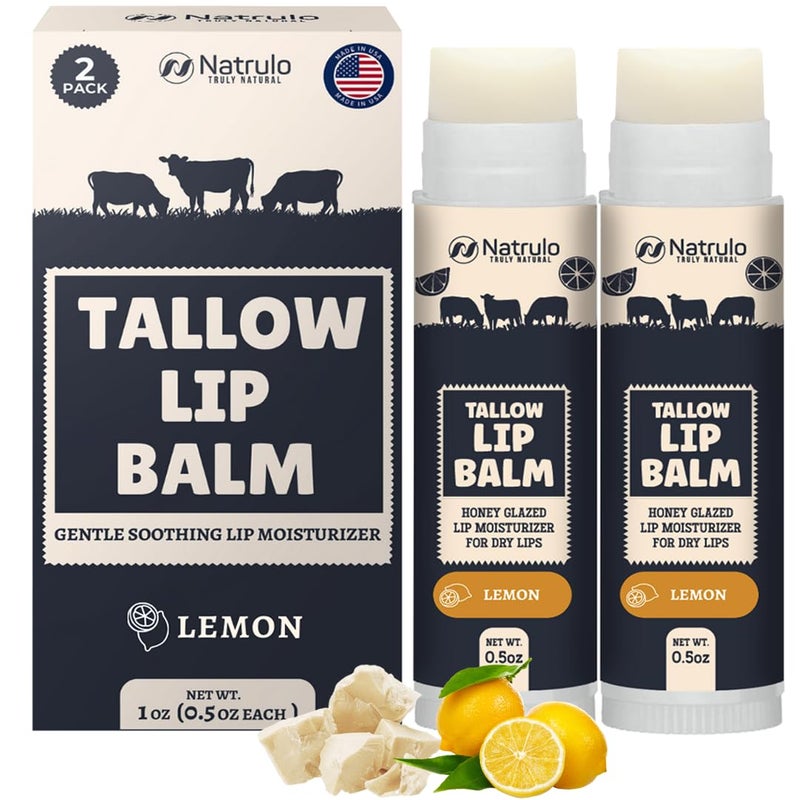 Beef Tallow Lip Balm  Natural Tallow Beeswax Chapstick  Hydrating Moisturizer Grass Fed Beef Tallow Balm Lip Care  Soothes Chapped Dry Sensitive Lips  Long Lasting Vitamin Rich USAMade 2Pk Lemon