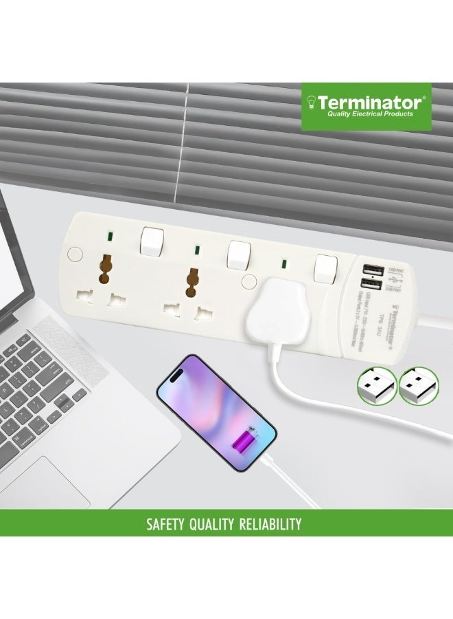 ترمينيتور تيرميناتور وصلة كهربائية بريطانية 3 منافذ، منفذي USB، مفاتيح فردية، مؤشرات، كابل 3 متر، قابس 13 أمبير - أبيض - Image 5